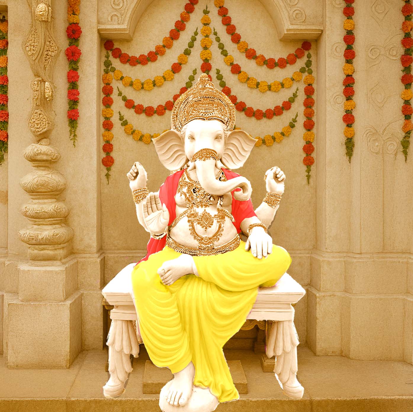 Beautiful Lord Ganesha idol with golden crown, red shawl, and yellow dhoti, seated on a decorative pedestal against a floral garland temple backdrop.