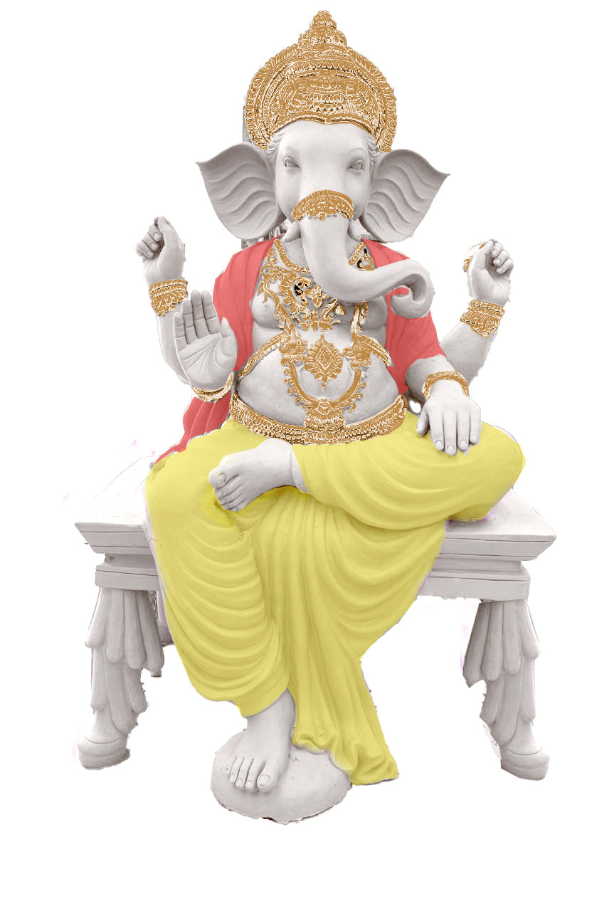 Beautiful Lord Ganesha idol with golden crown, red shawl, and yellow dhoti, seated on a decorative pedestal against a floral garland temple backdrop.