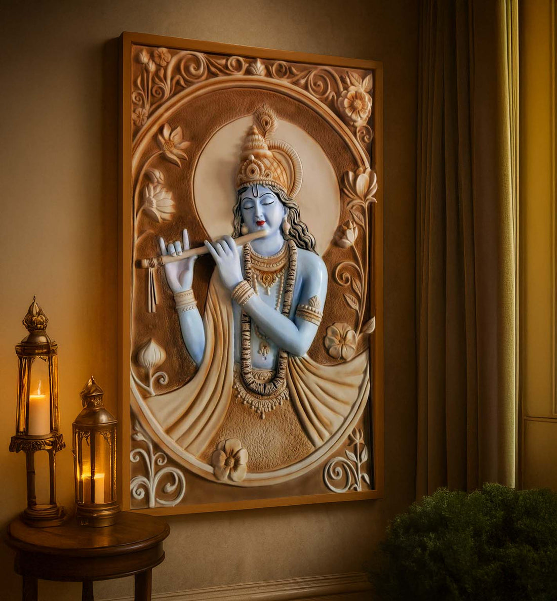 "Intricate 3D wall mural of Lord Krishna playing the flute, with blue-toned detailing and ornate floral carvings, framed in a luxury home interior with warm ambient lighting."