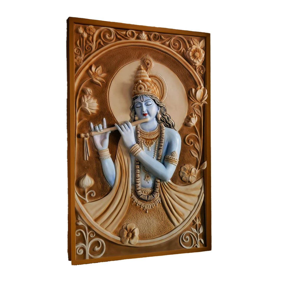 "Intricate 3D wall mural of Lord Krishna playing the flute, with blue-toned detailing and ornate floral carvings, framed in a luxury home interior with warm ambient lighting."