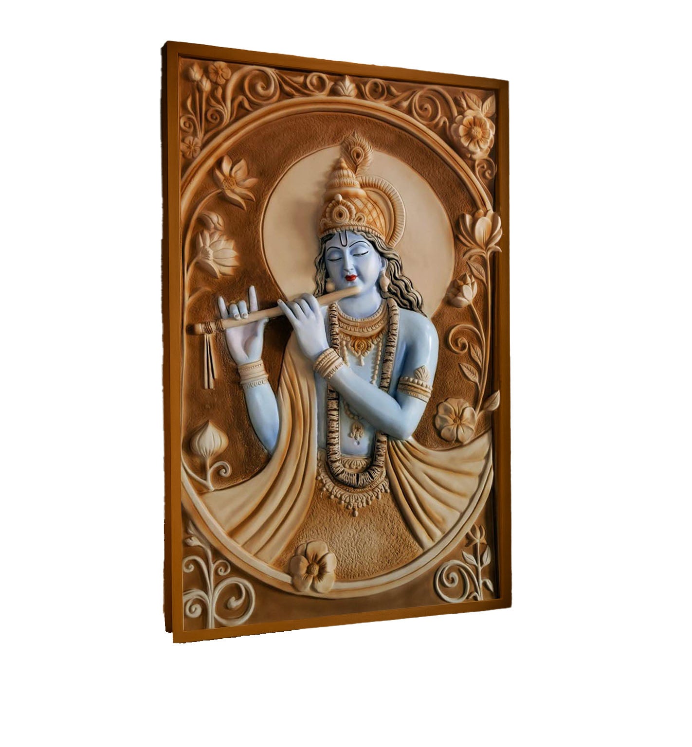 "Intricate 3D wall mural of Lord Krishna playing the flute, with blue-toned detailing and ornate floral carvings, framed in a luxury home interior with warm ambient lighting."