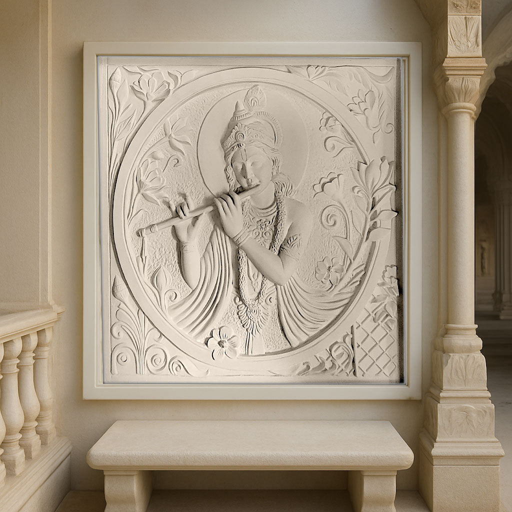 Elegant high-relief wall mural of Lord Krishna playing the flute, carved in a stone finish with intricate floral detailing, displayed in a temple-style architectural setting.
