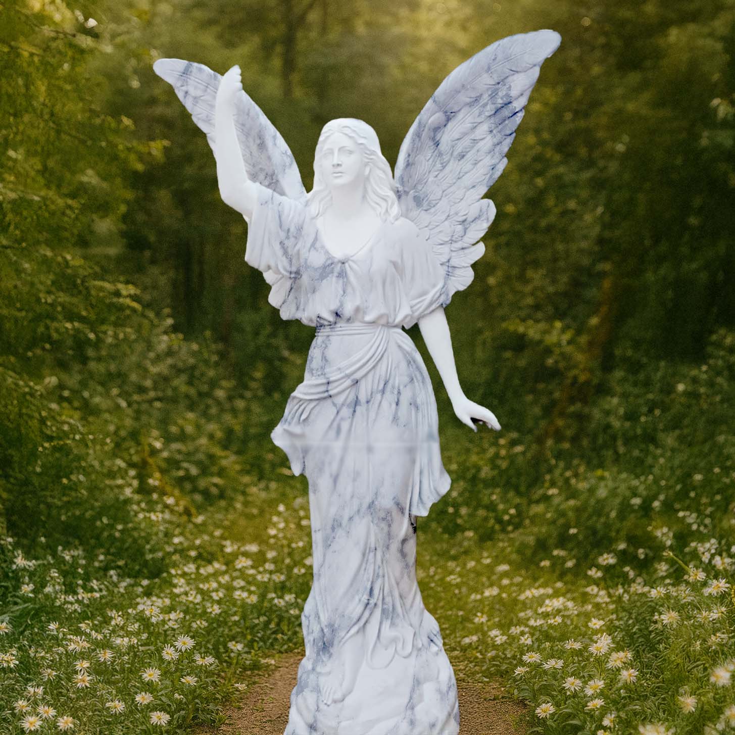 Graceful fairy angel sculpture in a white marble finish with detailed wings, placed along a garden pathway surrounded by greenery and wildflowers.
