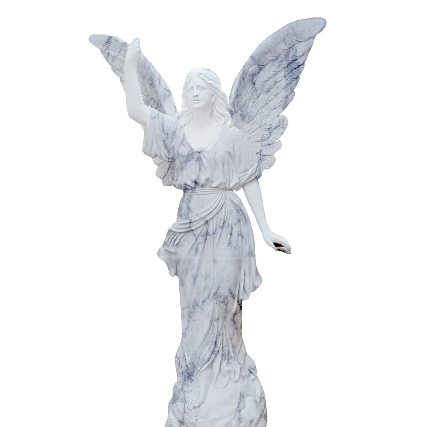 Graceful fairy angel sculpture in a white marble finish with detailed wings, placed along a garden pathway surrounded by greenery and wildflowers.