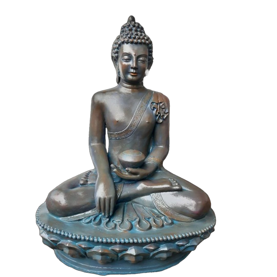 Bronze-colored Buddha statue holding a bowl on a white background