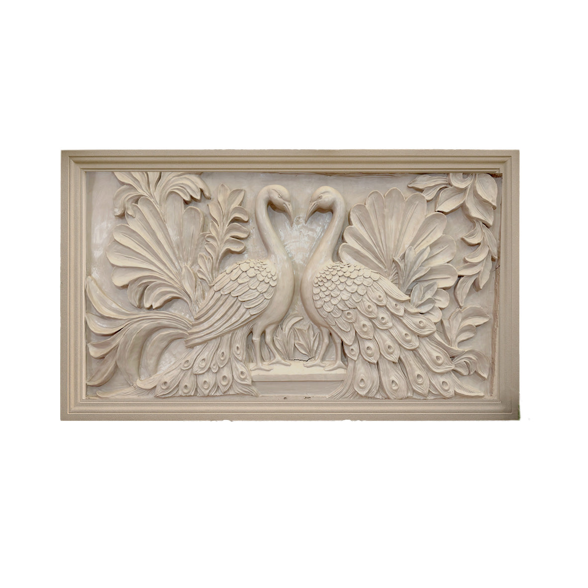 Intricately carved beige stone-finish wall mural depicting two peacocks facing each other with detailed feathers, framed in a rectangular panel and displayed in an elegant outdoor garden seating area.