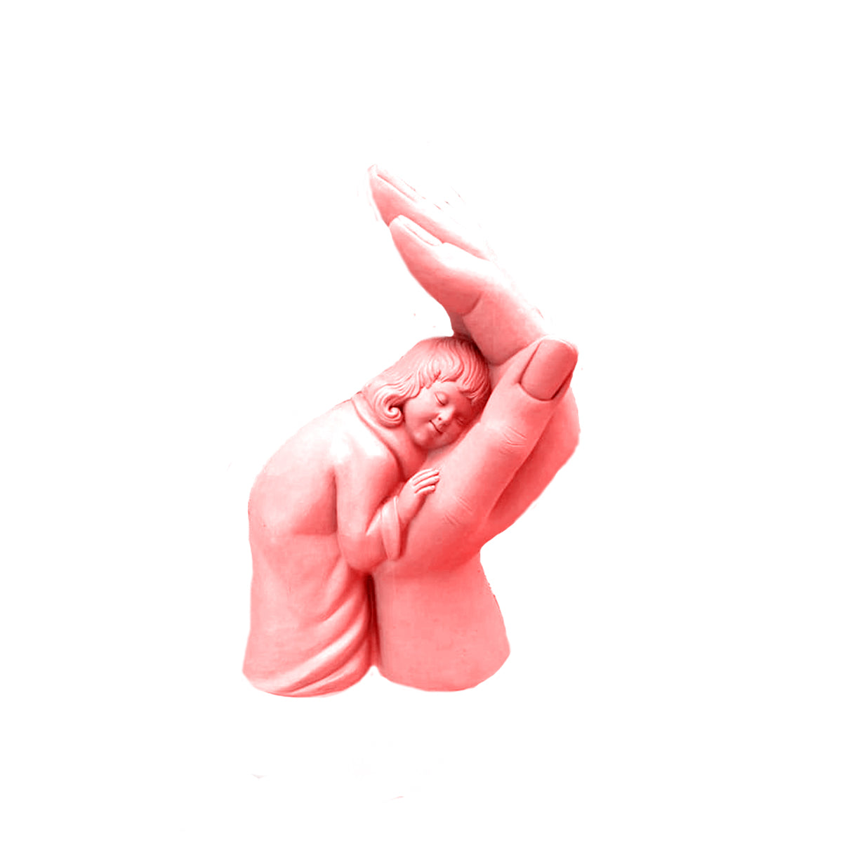 Artistic pink sculpture of a child peacefully resting in a protective hand, symbolizing love, safety, and comfort, styled in a soft nursery room setting.