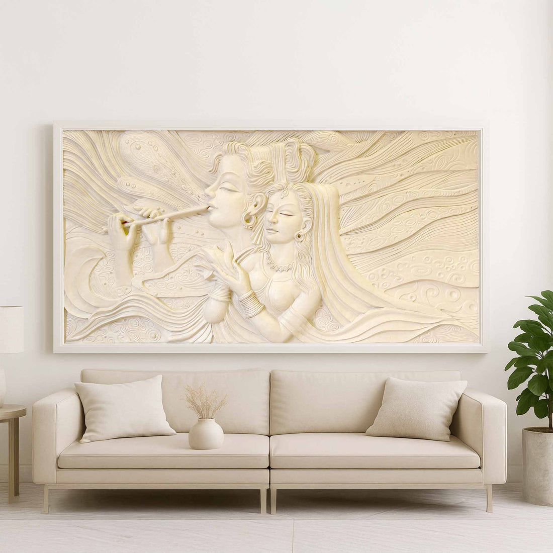 Elegant beige stone-finish wall mural depicting Lord Krishna playing the flute with Radha by his side, adorned with flowing textures and fine detailing, set in a modern luxury living room.