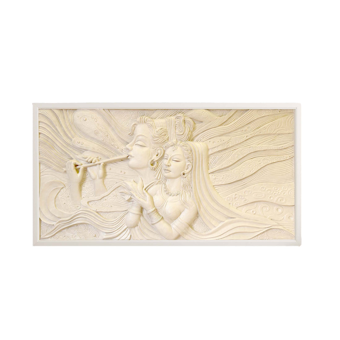 Elegant beige stone-finish wall mural depicting Lord Krishna playing the flute with Radha by his side, adorned with flowing textures and fine detailing, set in a modern luxury living room.