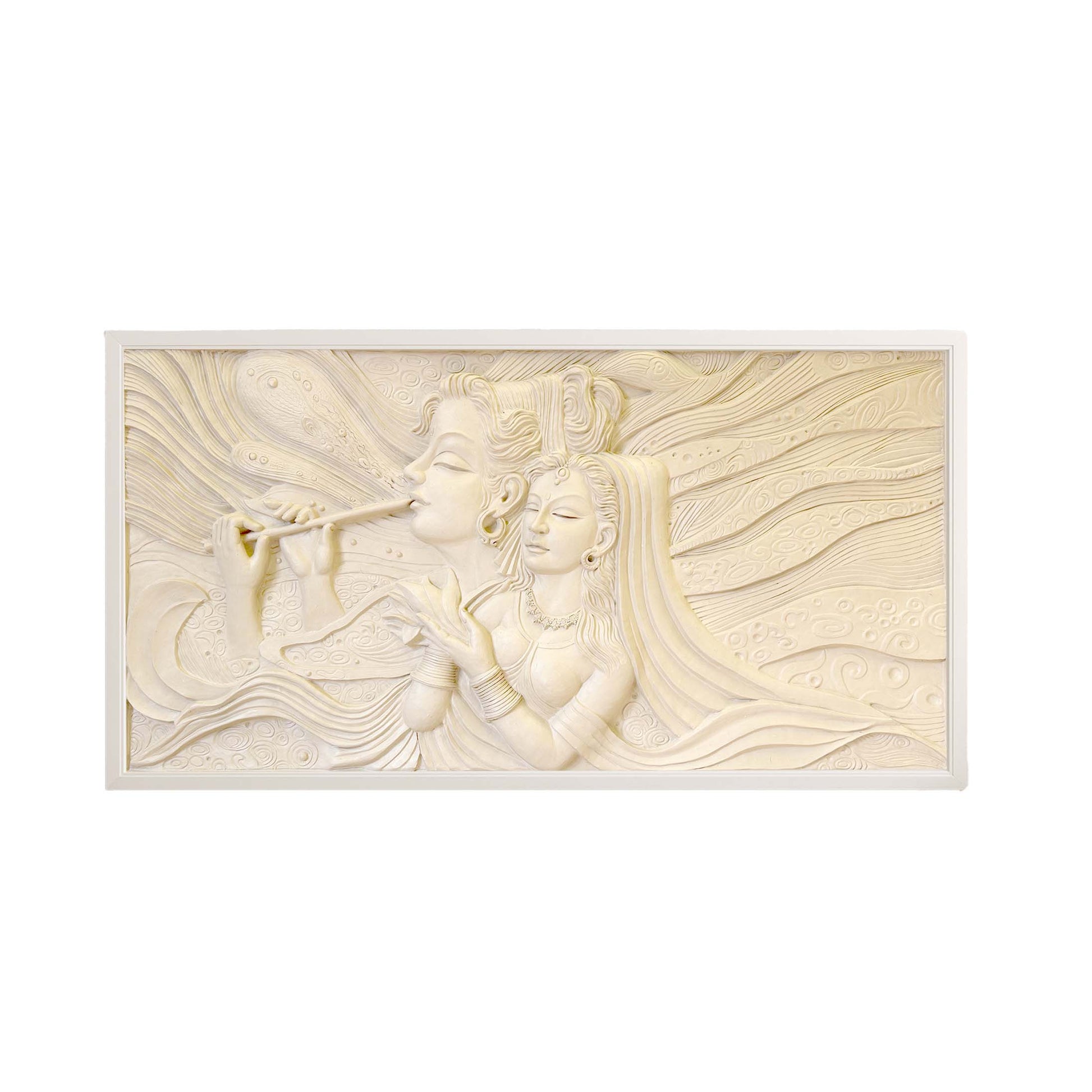 Elegant beige stone-finish wall mural depicting Lord Krishna playing the flute with Radha by his side, adorned with flowing textures and fine detailing, set in a modern luxury living room.