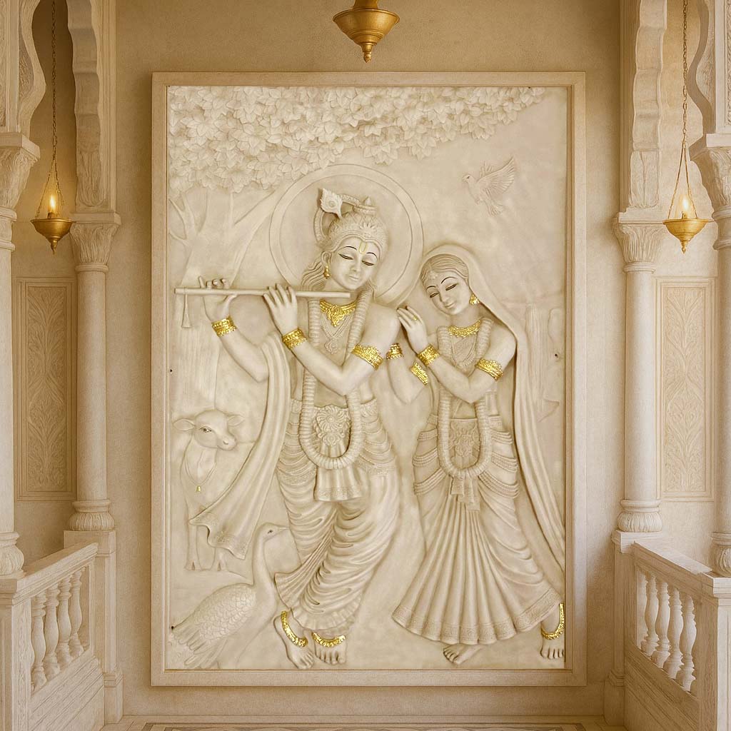 Elegant beige stone-finish high-relief wall mural of Lord Krishna playing the flute alongside Radha, adorned with golden accents, surrounded by nature elements including birds, peacocks, and trees, set in a traditional temple-style interior.