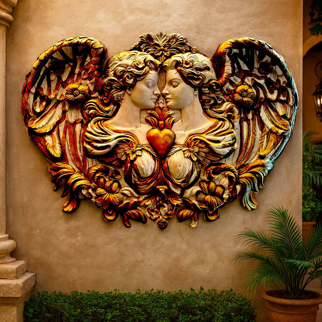 Luxurious high-relief wall mural featuring two angelic figures with golden wings embracing around a glowing red heart, handcrafted in ornate detail for artistic and romantic home décor.