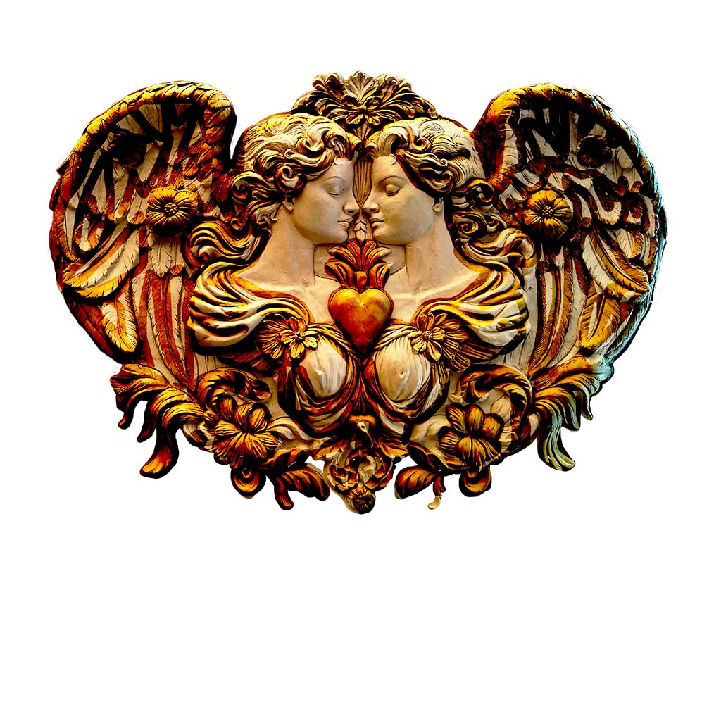 Luxurious high-relief wall mural featuring two angelic figures with golden wings embracing around a glowing red heart, handcrafted in ornate detail for artistic and romantic home décor.
