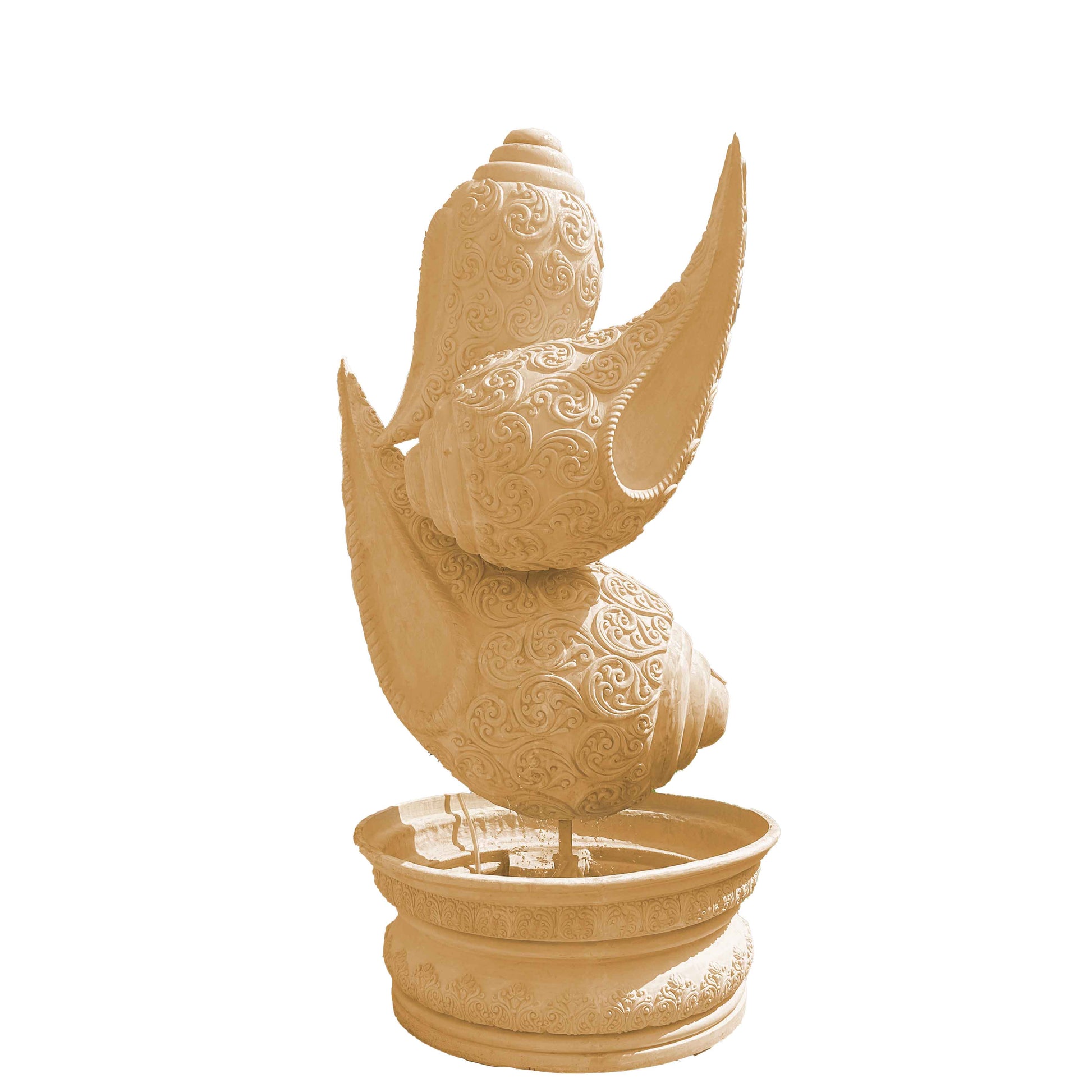 Intricately carved beige stone-finish shankh (conch shell) fountain sculpture with ornate detailing, placed on a decorative pedestal basin in an elegant garden entrance setting.
