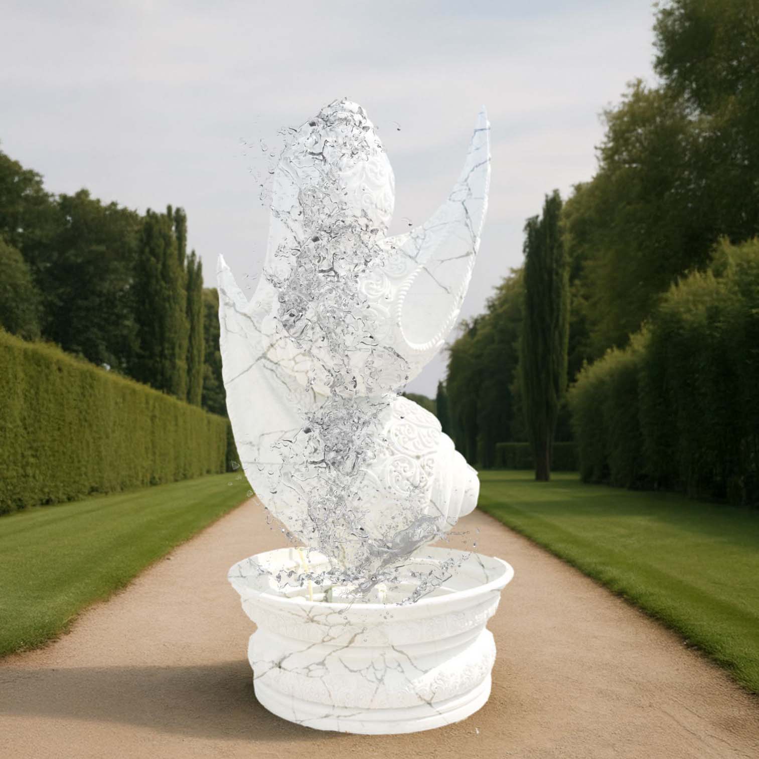 Majestic white marble-finish shankh (conch shell) fountain sculpture with intricate carvings, featuring cascading water flow, placed on a decorative pedestal basin along a grand garden pathway.