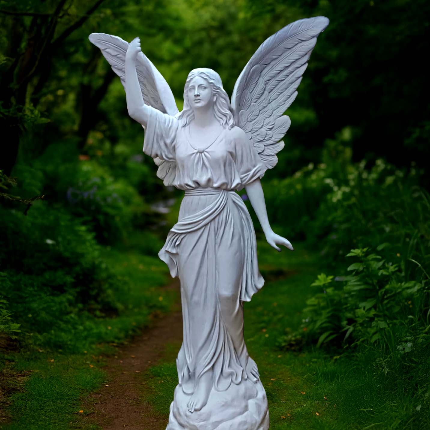Elegant white angel sculpture with detailed wings, crafted from fiberglass and resin, displayed on a natural garden pathway surrounded by lush greenery.