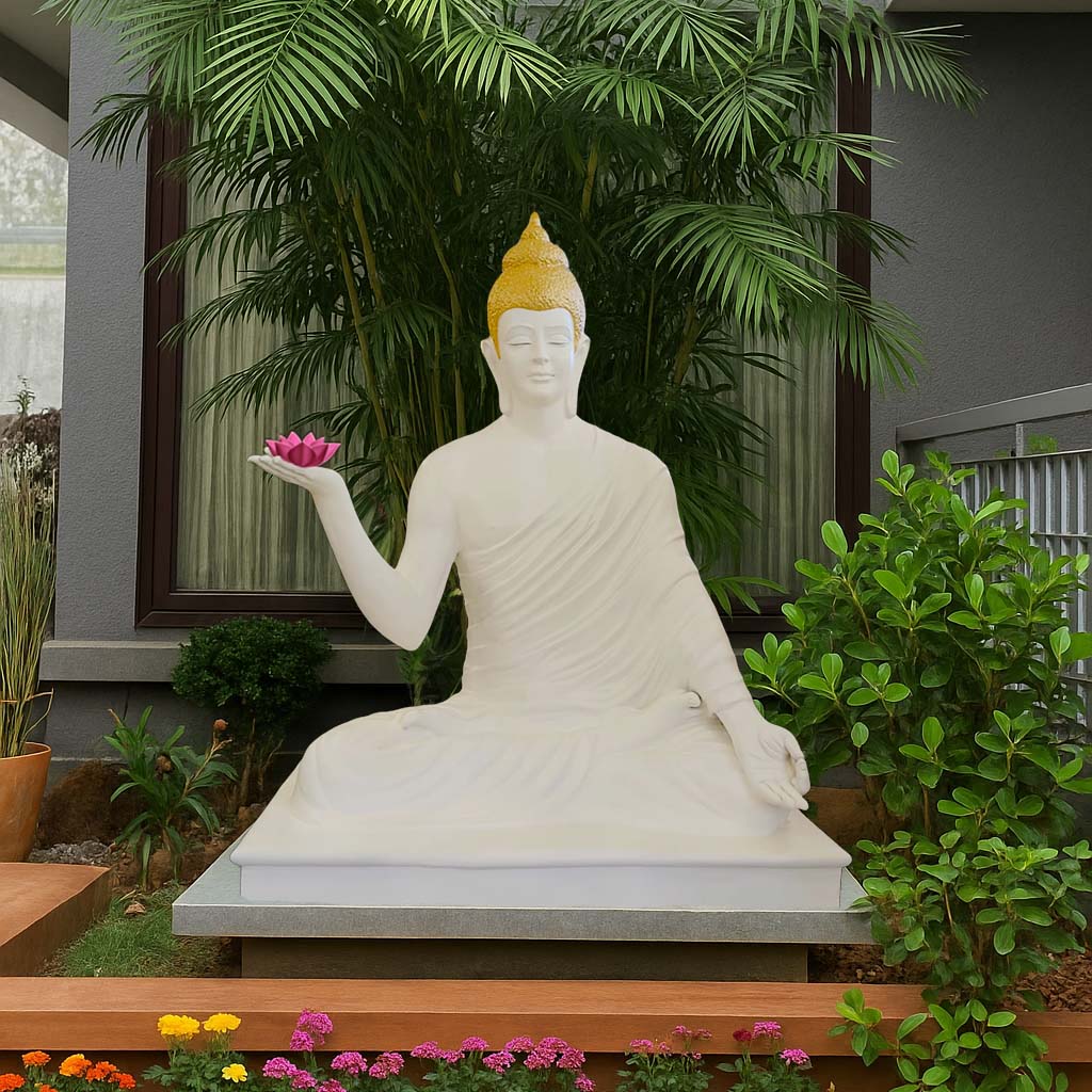 Peaceful white Buddha statue with golden crown, seated in meditation pose and holding a pink lotus, placed in a landscaped garden with lush greenery and flowers.