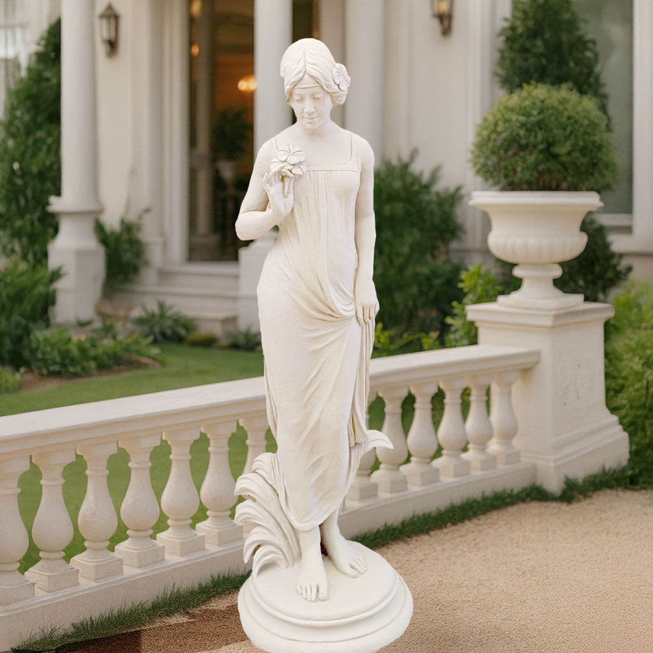 Graceful white lady sculpture holding a flower, crafted with fine detailing and flowing drapery, placed in a luxury garden courtyard with balustrade and planters.