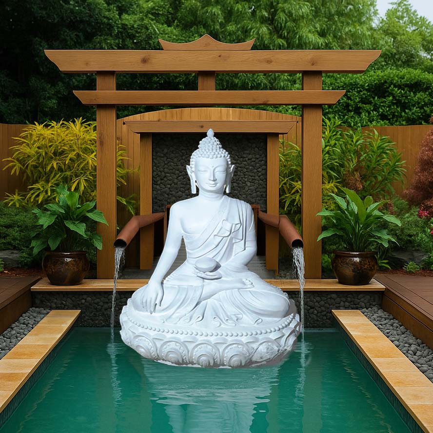 Large white meditating Buddha sculpture with lotus base, integrated into a water fountain surrounded by wooden framework, greenery, and flowing streams in a luxury garden setting.