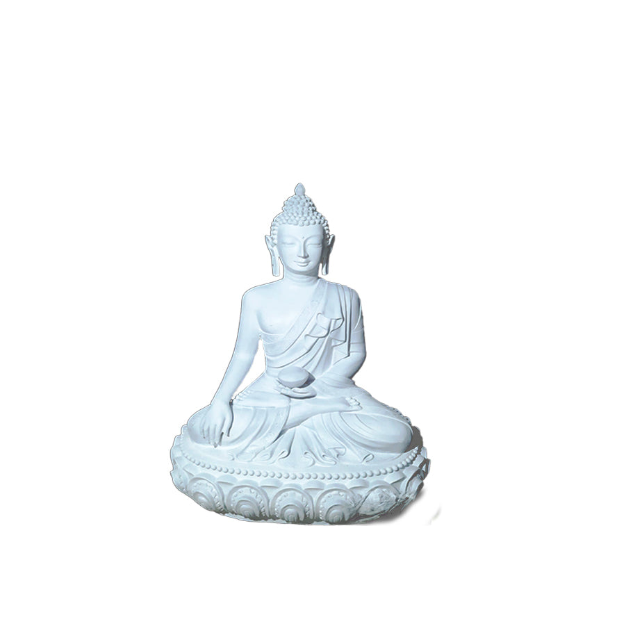 Large white meditating Buddha sculpture with lotus base, integrated into a water fountain surrounded by wooden framework, greenery, and flowing streams in a luxury garden setting.