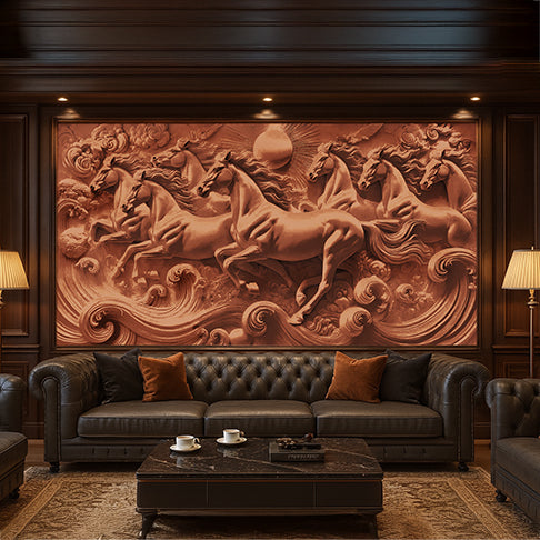 Seven Running Horses 3D Wall Mural – Handcrafted Resin Art for Vastu & Luxury Interiors
