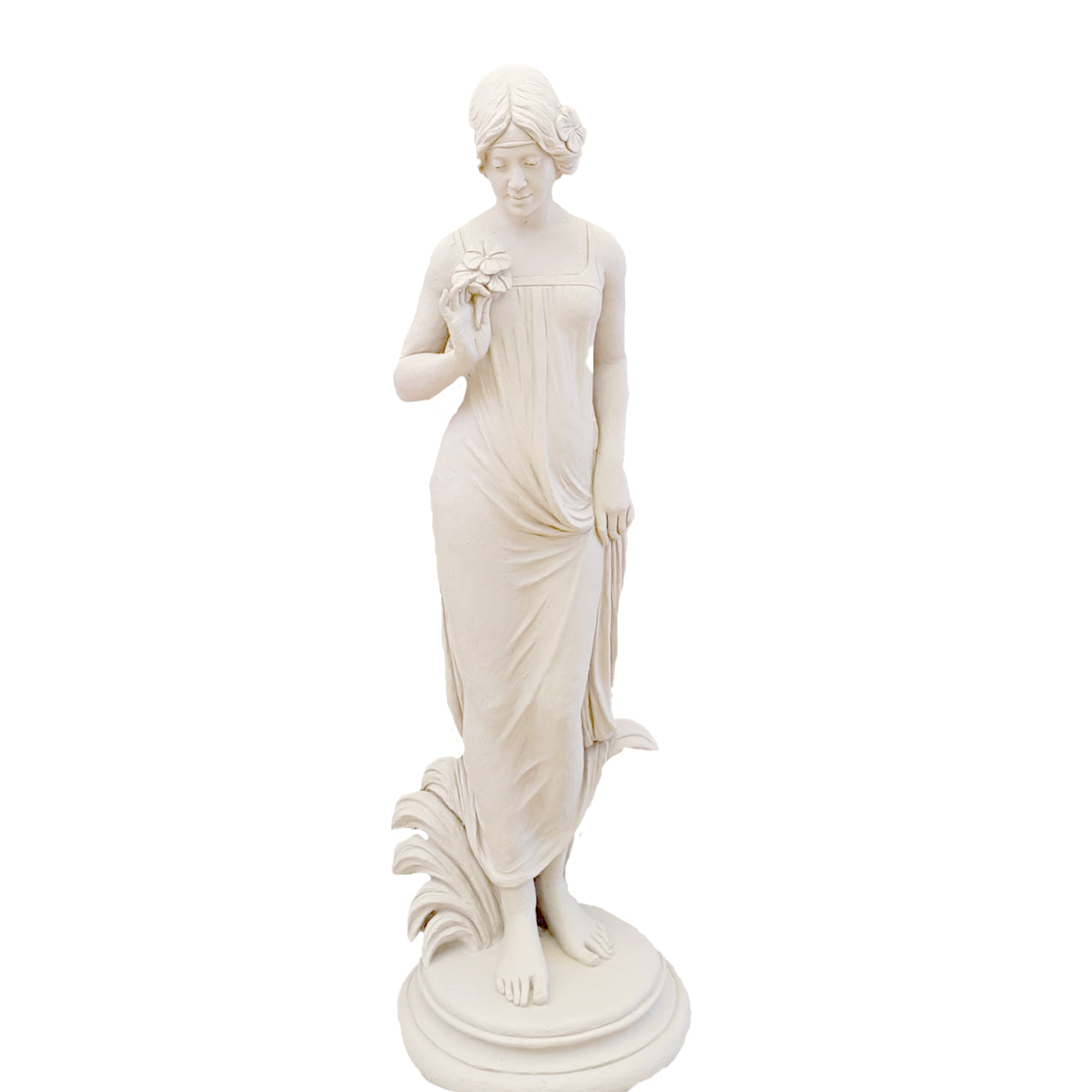 Graceful white lady sculpture holding a flower, crafted with fine detailing and flowing drapery, placed in a luxury garden courtyard with balustrade and planters.