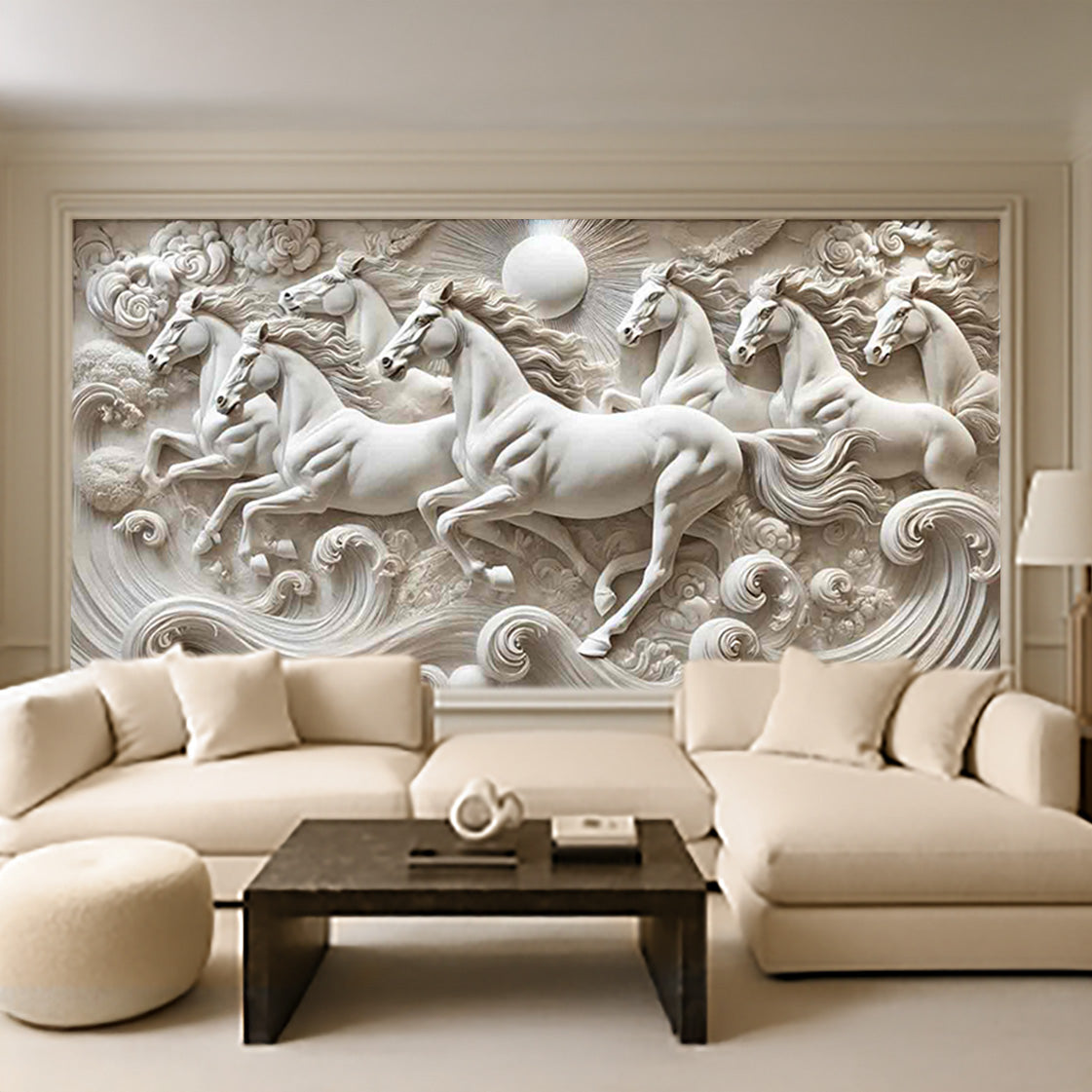 Seven Running Horses 3D Wall Mural – Handcrafted Resin Art for Vastu & Luxury Interiors